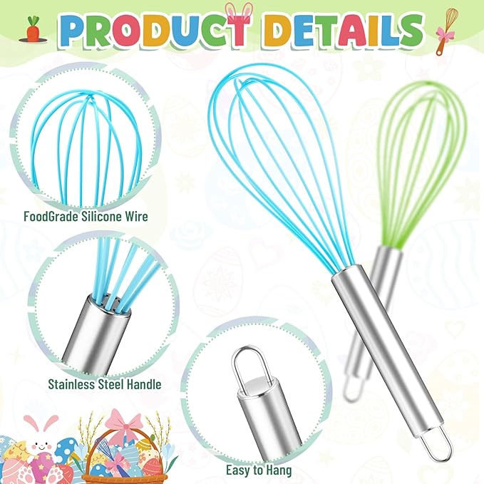 12 Sets 10 Inch Easter Whisks Gifts for Kids Home Baking Sets Includes Colored Whisks, Greeting Cards, Ribbons, Plastic Bags for Happy Easter Teacher Family Friends Neighbor