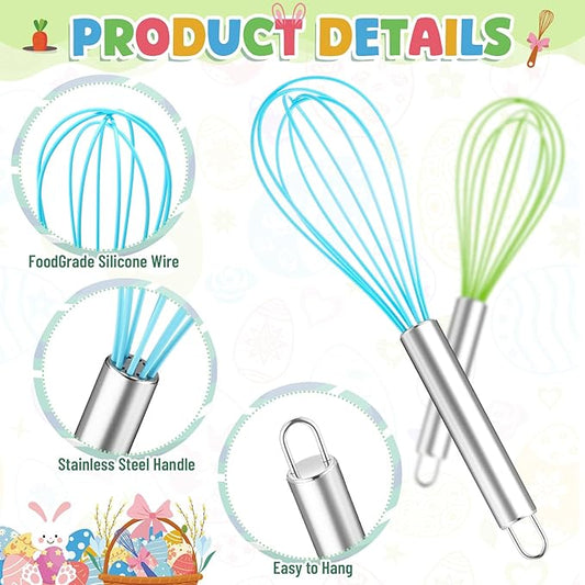 12 Sets 10 Inch Easter Whisks Gifts for Kids Home Baking Sets Includes Colored Whisks, Greeting Cards, Ribbons, Plastic Bags for Happy Easter Teacher Family Friends Neighbor