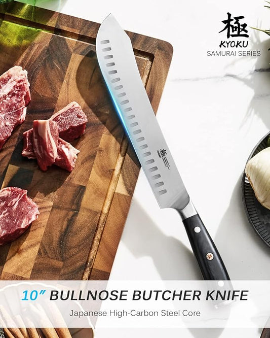 KYOKU 10" Bullnose Butcher Knife, Samurai Series Butcher Knife for Meat Cutting Chopping with Pakkawood Handle, Japanese Style High Carbon Steel Kitchen Knife for Professional Chef with Sheath & Case