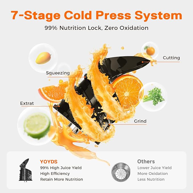 Cold Press Juicer, 5.5" Wide Feed Chute Juice Machine, High Juice Yield, Slow Masticating Juicer for Whole Vegetables & Fruits,Concealed Pulp Container Design for Aesthetic Appeal and Practicality