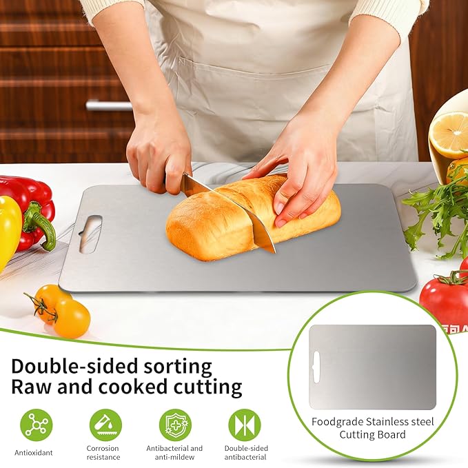 HaohaoT Foodgrade Stainless steel Cutting Board, Cutting Boards for Kitchen, 2026 New Double Sided Food-Grade Chopping Board for Cutting Meat Vegetable Fruit Outdoor or Indoor(13.5"L x 9"W)