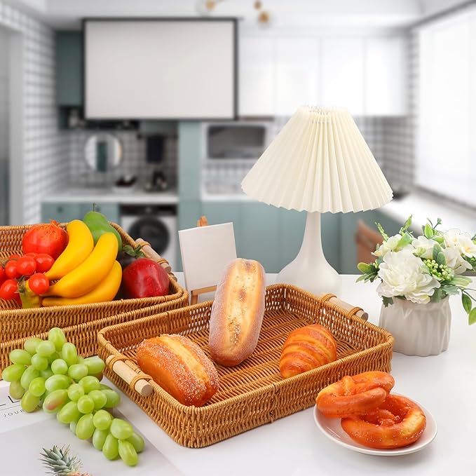 3 Pack 13.8 x 9.8 inch Rectangle Rattan Tray, Rectangle Woven Serving Basket with Handles, Storage Rattan Serving Trays for Home, Restaurant & Hotel Use, Durable & Easy-Cleaning