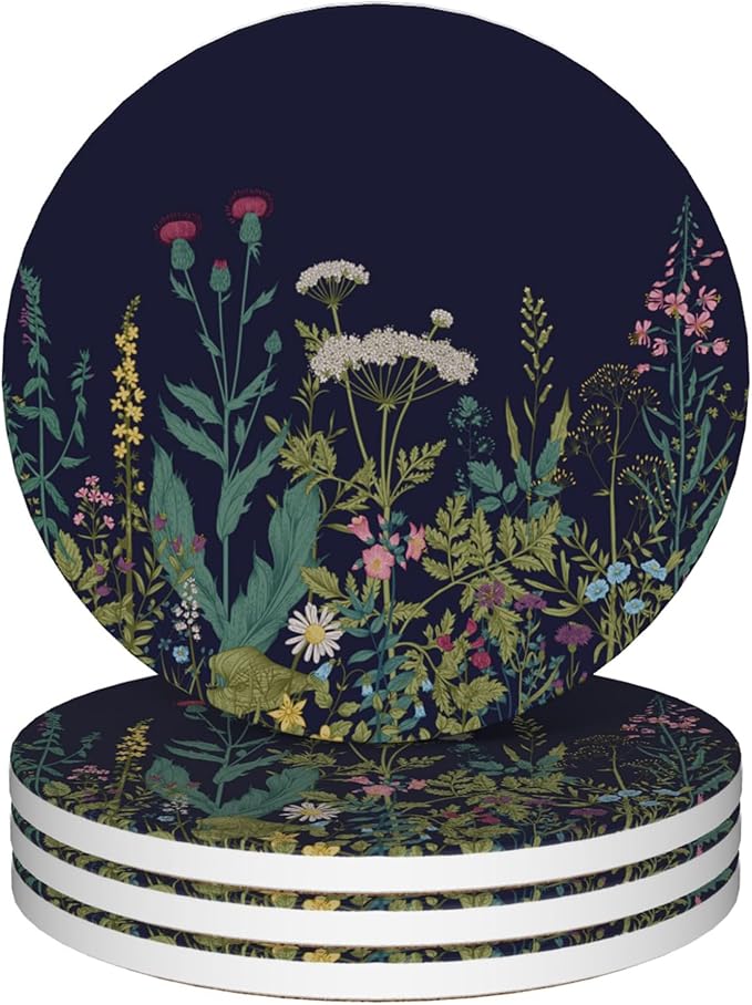 Coasters for Drinks, Set of 4 Absorbent Ceramic Coasters, Wild Flowers Herbs Botanical Design, Round Shape, Perfect for Coffee Table Protection