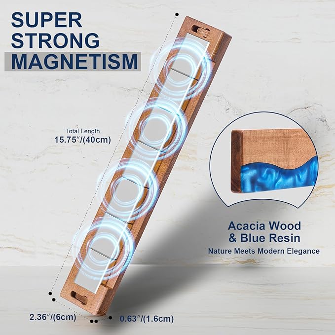 ENOKING 16 Inch Magnetic Knife Holder for Wall, Acacia Wood & Blue Resin Magnetic Knife Strip, Powerful No-Drill Adhesive or Screws Mount, Kitchen Knife Bar Storage Rack