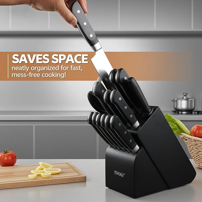 TIVOLI 2025 Knife Set 15 PCS High Carbon Stainless Steel Kitchen Knife Sets with Block & Honing Rod, Premium Razor-Sharp Black Knives Block Set for Kitchen, Ergonomic Full-Tang Handle