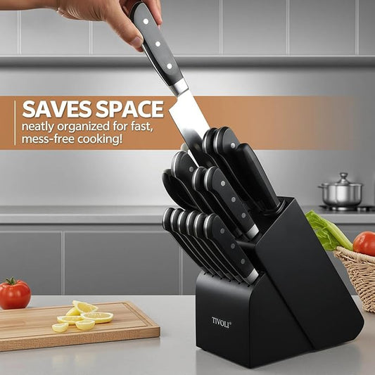 TIVOLI 2025 Knife Set 15 PCS High Carbon Stainless Steel Kitchen Knife Sets with Block & Honing Rod, Premium Razor-Sharp Black Knives Block Set for Kitchen, Ergonomic Full-Tang Handle