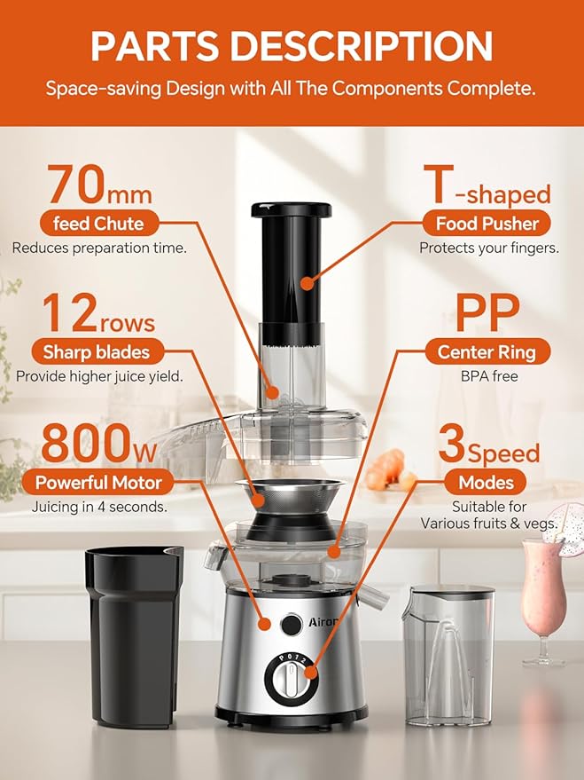 Juicer Machine, Airon Centrifugal Juicer Extractor, Max Power 800W, 3" Wide Feed Chute for Fruit Vegetable, Juice Maker with 3-Speed Setting, High Juice Yield, Easy to Clean, Stainless Steel, BPA Free