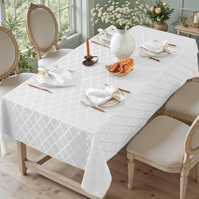 Larponder Tablecloth Rectangle, Jacquard Polyester Table Cloth, Washable & Spill Proof Table Cover for Spring Kitchen Dining Party Picnic (Square, 52" x 52", White)