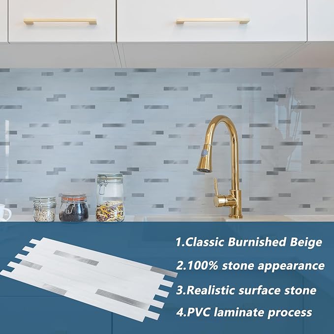 Yipscazo 10 Sheets Peel and Stick Stone Metal Backsplash Tiles, PVC Wall Tiles Stick on Backsplash for Kitchen, Bathroom (6'' X 12'', White with Grey)