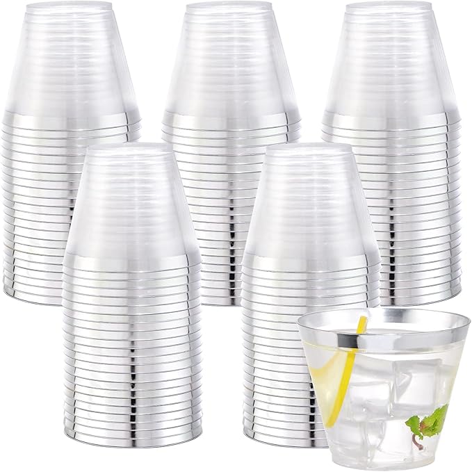 WELLIFE 120PCS Silver Disposable Plastic Cups,9 oz Clear Plastic Cups,Disposable Wine Glasses for Party