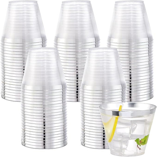 WELLIFE 120PCS Silver Disposable Plastic Cups,9 oz Clear Plastic Cups,Disposable Wine Glasses for Party
