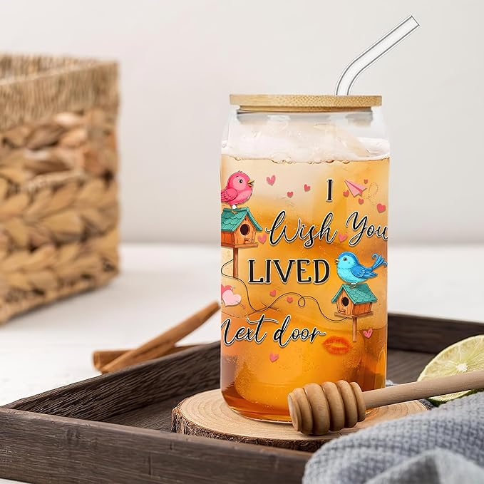 Wish You Lived Next Door Glass Cups with Lids and Straws 16 Oz Friendship Iced Coffee Cup Moving Away Drinking Jar for Women Men Long Distance Housewarming Valentines Gift for Soulmate C