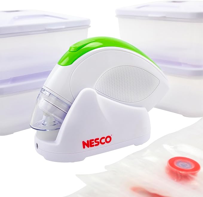 NESCO Handheld Vacuum Sealer Kit, Includes 4 Canisters, 5 Reusable Gallon Zipper Bags, Freezer, Dishwasher, Sous Vide Safe Bags, Great for Meal Prep & Food Storage – Rechargeable with Charging Base