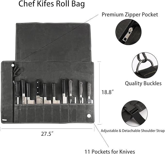 Chef’s Knife Roll Bag,Waxed Canvas Knife Cultery Carrier, Portable Chef Knife Cases,Knife Pouch Holders With 10 Slots Plus 1 Zipper Pockets Can Hold Home Kitchen Knife Tools Up To 18.8”