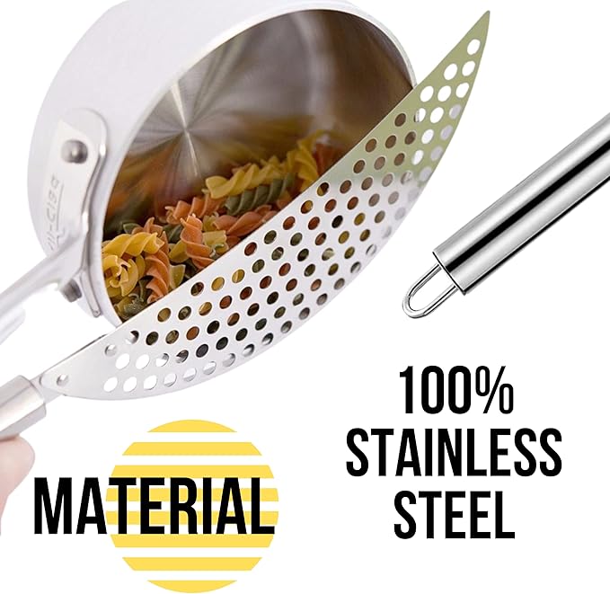 Held Crescent Drainer Pan Pot Strainer with Handle Stainless Steel Hand for Spaghetti Fry Noodles Fruit Vegetable Pasta Strainer Colander Heavy Duty Food Drainers