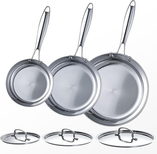 USELUCK Stainless Steel Frying Pan Sets 6 Piece 8, 10 & 12 Inch with Lids, Oven & Dishwasher Safe Fast and Even Heating Stay Cool Handles Non-toxic PFOA Free Stir Fry Pan Skillets Sets