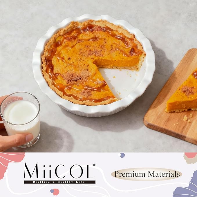 Miicol White Ceramic Pie Pan, 50 oz Ripple Edge Deep Baking Dish, 9 Inch Round Ceramic Pie Plate, Suitable for Quiche, Apple Pie, Meat Pie, Ideal Gift for Baking Lovers
