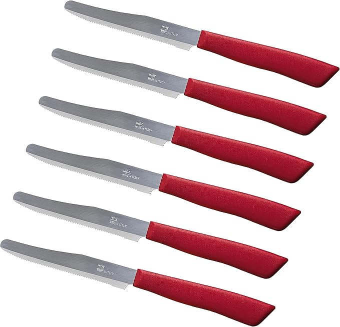 Tredoni 6 kitchen Knives - 4.3"/11cm Italian Stainless Steel Serrated Vegetable/Steak/Table Knife Cutlery, Rounded Tip (Red)