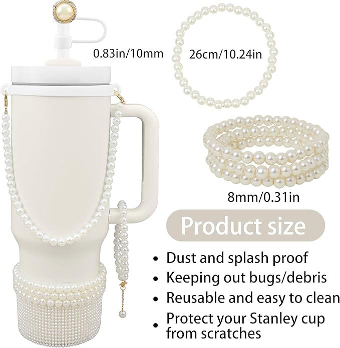 Cup Accessories for Stanley 30/40oz Tumbler containing Pearl Straw Cover Topper, Silicone Cup Boot, Water Bottle Handle Strap& Pearl Bracelets Charms(White Pearls)