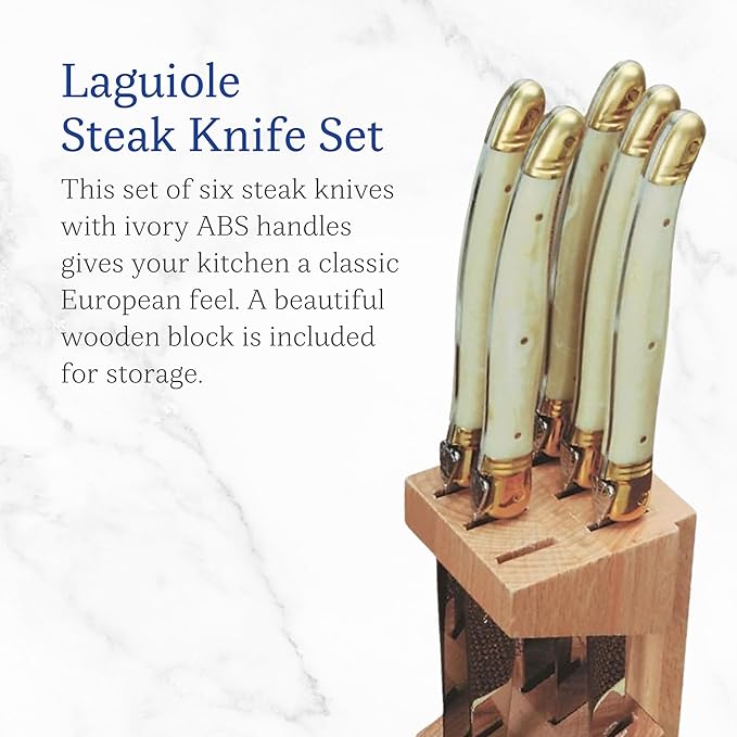 Jean Dubost Laguiole 6-Piece Steak Knife Set, Ivory Handles - 1.2 mm Blades - Rust-Resistant Stainless Steel - Includes Wooden Block - Made in France