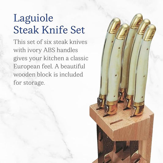 Jean Dubost Laguiole 6-Piece Steak Knife Set, Ivory Handles - 1.2 mm Blades - Rust-Resistant Stainless Steel - Includes Wooden Block - Made in France