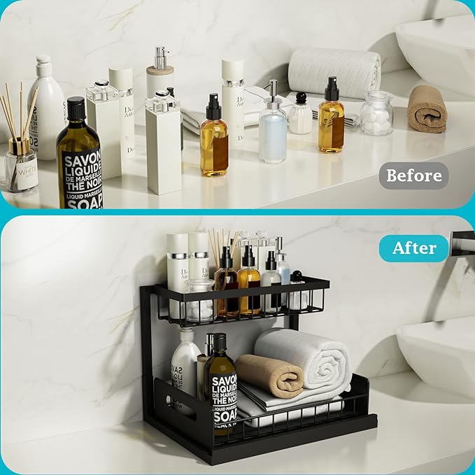REALINN Under Sink Organizer, Pull Out Cabinet Organizer Slide Out Sink Shelf Cabinet Storage Shelves, Storages for Kitchen Bathroom, Black, 2 Pack