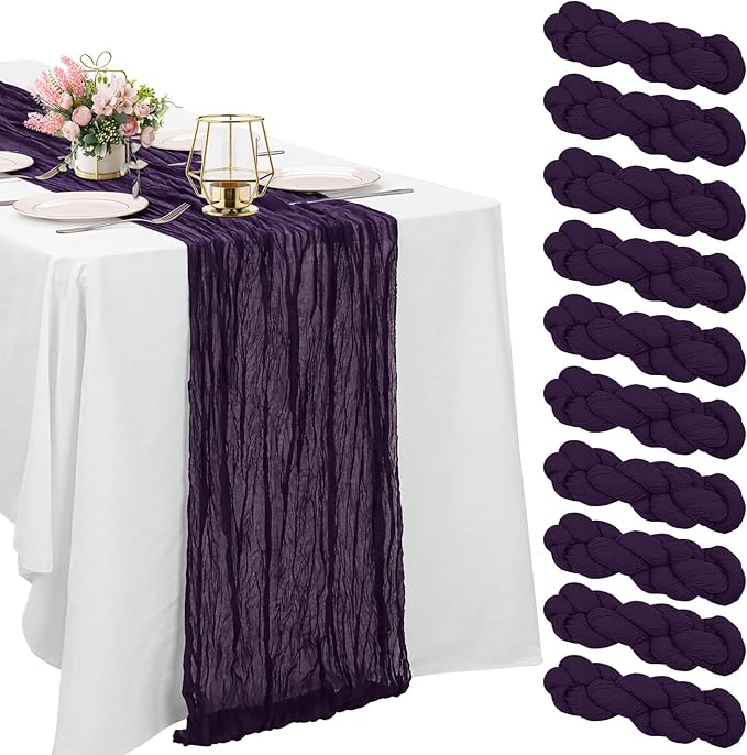 10 Pack Dark Purple Cheesecloth Table Runner 10FT Boho Gauze Fabric Table Runner Vintage Rustic Sheer Runners for Wedding Party Bridal Baby Shower Long Table Decorations