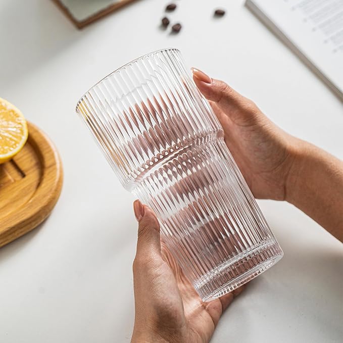 INSETLAN 20oz Ribbed Glass Tumbler Set of 4 – Large Capacity Drinking Glasses for Iced Coffee, Water, Juice, and Cocktails – Elegant Modern Glassware for Everyday Use and Special Occasions