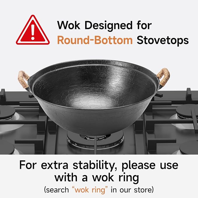 WANGYUANJI 11.8 Inch Handmade Cast Iron Wok with Dual Handles, Small Round-Bottom Chinese Wok for 1–2 Servings, Uncoated Stir Fry Pan for Gas Stoves & Open Flame Cooking