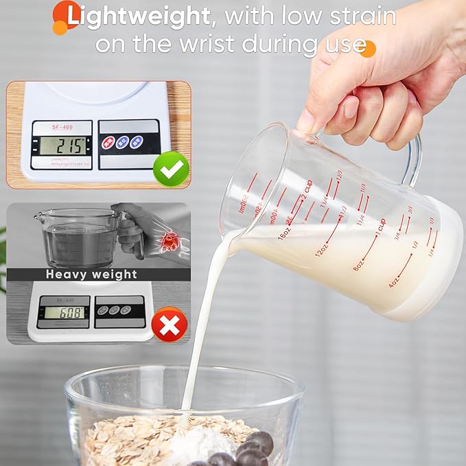 77L 2 Cup Glass Measuring Cup with Handle, High Borosilicate Glass Measuring Cup with V-Shaped and Three Scales (Cup, OZ, ML), Glass Liquid Beaker with Silicone Base, Double-Sided Measure Scales