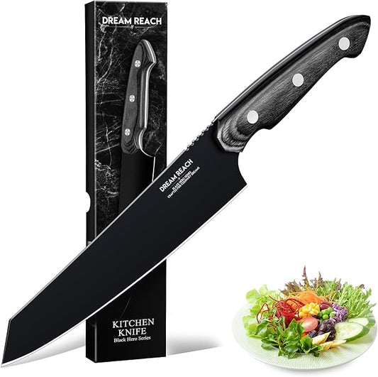 Dream Reach Kiritsuke Chef Knife - High Carbon Steel Sharp Kitchen Knife with Full Tang Handle, Hand Forged Black Cooking Knives for Birthday Mother Father Gift
