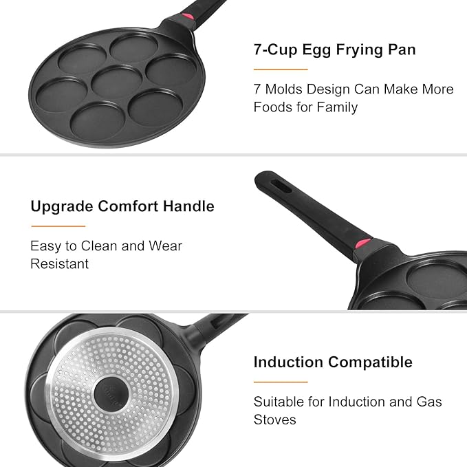 CAINFY Pancake Pan Maker Nonstick Induction Compatible, 10.5 Inch Mini Non Stick Silver Dollar Grill Blini Griddle Crepe Pan,7 Molds Cake Egg Cooker Skillet for Kids Gifts