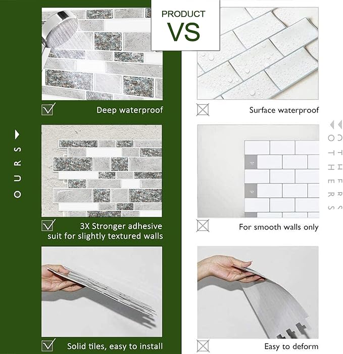 STICKGOO 10-Sheet Peel and Stick Backsplash for Kitchen, Decorative Self Adhesive Backsplash Tiles(Grey Granite, Thicker Design)