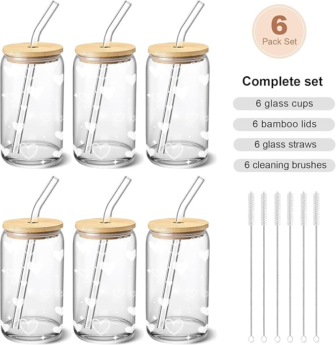 Glass Cups with Lids and Straws – 16oz Iced Coffee Tumblers, Heart Glass Cup Set of 6 for Cold Drinks, Brunch, Girls Night, Gift Use
