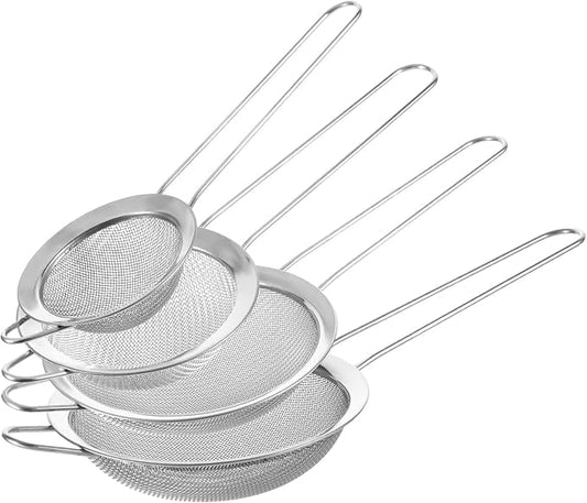 4 Pcs Stainless Steel Fine Mesh Strainer Small Metal Colanders and Sifters Sieves with Handles 4 Sizes Versatile Kitchen Strainer for Steeping Loose Leaf Tea Straining Juice and Sifting Flour Sugar