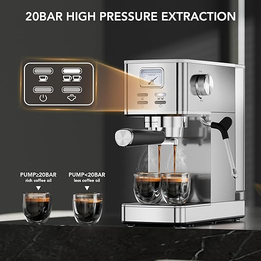 Espresso Machine 20 Bar, Compact Espresso Maker with Milk Frother, Visual Pressure Gauge, Commercial Coffee Machine with 47oz Removable Water Tank and Capsule Funnel, for Cappuccino, Latte