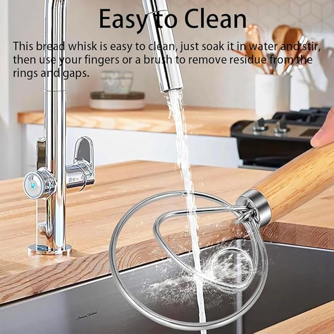 Danish Dough Whisk, 13-Inch Stainless Steel Hook Dutch Hand Mixer with Wooden Handle, Kitchen Tools For Cooking, Sourdough Baking