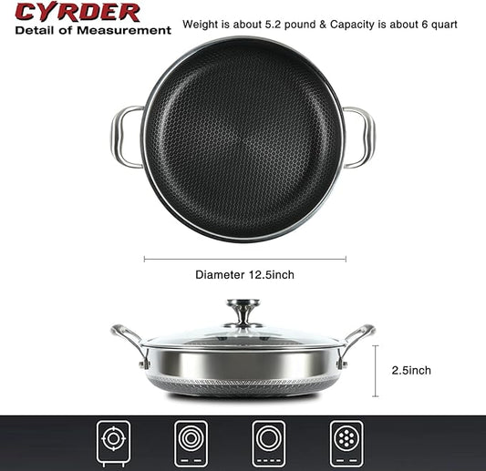 CYRDER 316L Stainless Steel Frying Pan-12inch Hybrid Nonstick Induction Pan with Lid, Two Handle Hold, PFOA Free, Dishwasher Oven Safe, Paella Pan for Stir fry/Toast/Roast/Bake/Stew, 6 Quart
