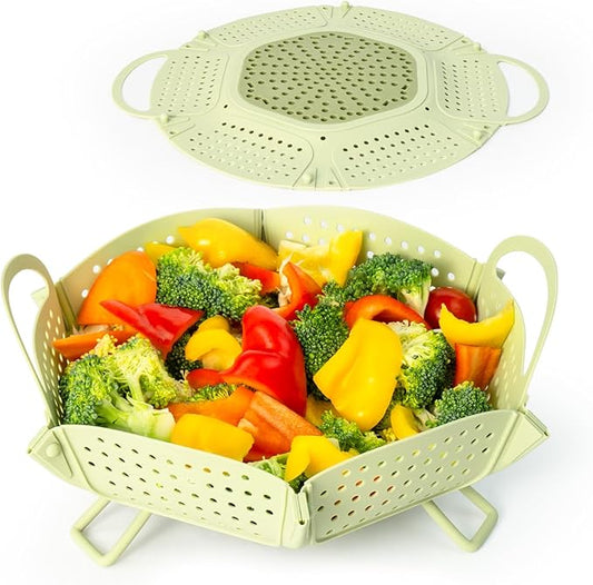 Large Collapsible Silicone Steamer Basket, Silicone Vegetable Steamer Basket With Handles, BPA Free, Expandable for Pot, Non Slip Feet, Compact Storage, Dishwasher Safe