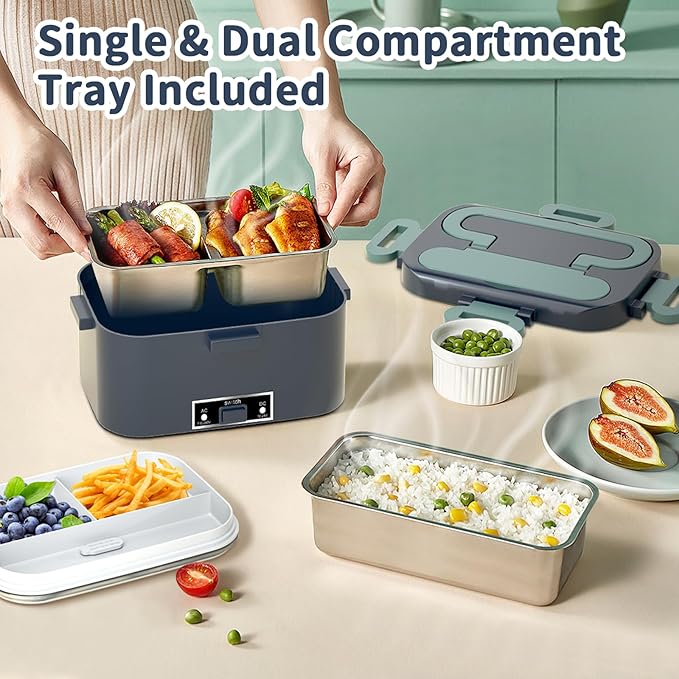Electric Heated Lunch Box for Adults, 100W 3-IN-1 2 Pack 1.8L Containers Heating Lunch Box for Men Portable Double Layer, Fast Heated Food Warmer,12V/24V/110V for Car Truck Office Home