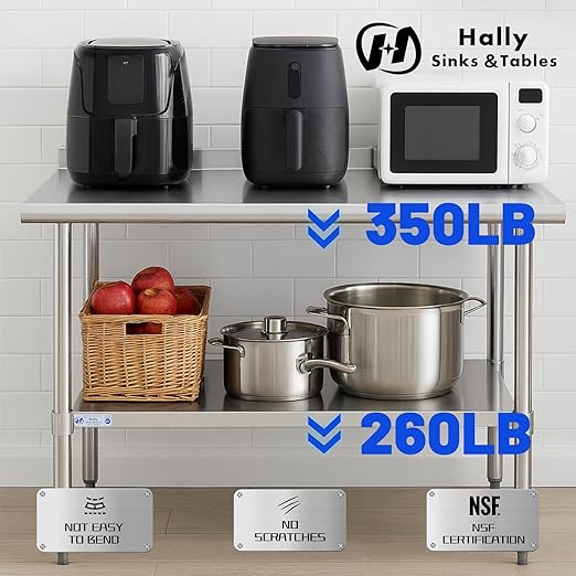 Hally Stainless Steel Table for Prep & Work 18 x 30 Inches, NSF Commercial Heavy Duty Table with Undershelf and Backsplash for Restaurant, Home and Hotel