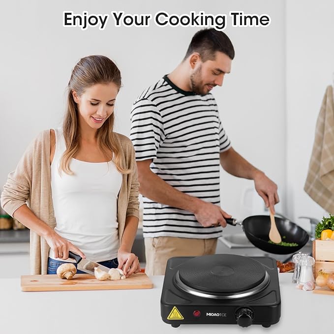 Countertop Single Cast Iron Burner 1000 Watts Electric Hot Plate with Adjustable Temperature 6.1" Cooktop for Dorm, Office, Home, Camp, Compatible for All Cookwares