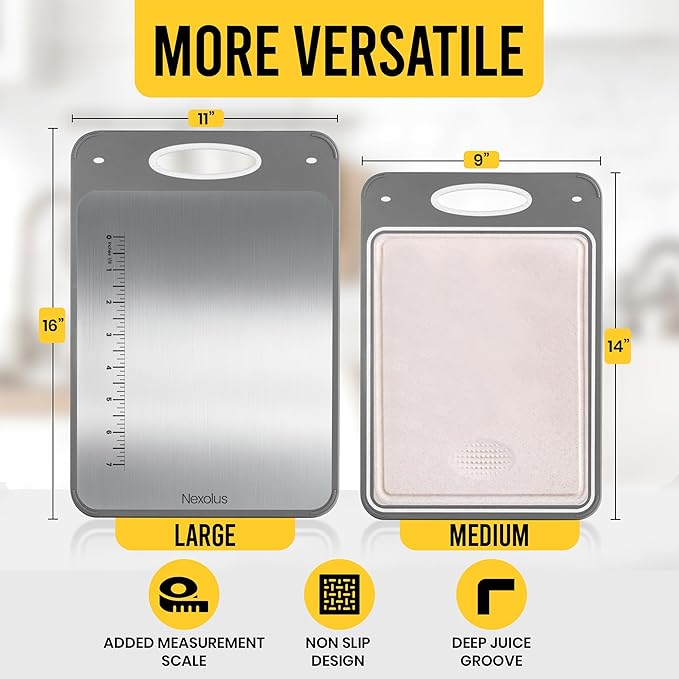 Nexolus 2 Pack Titanium Cutting Board Set, Large Double Sided - 16x11" + 14x9" - Stainless Steel Cutting Board for kitchen with Deep Juice Groove, Built-In Measurement Scale & Easy to Clean