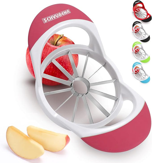 SCHVUBENR Large Apple Corer and Slicer - 4.72 Inch Apple Cutter Slicer with 12 Blades - Stainless Steel Apple Slicer - Sharp Apple Corer Tool - Anti-Slip Grip, Easy to Use & Dishwasher Safe - Pink