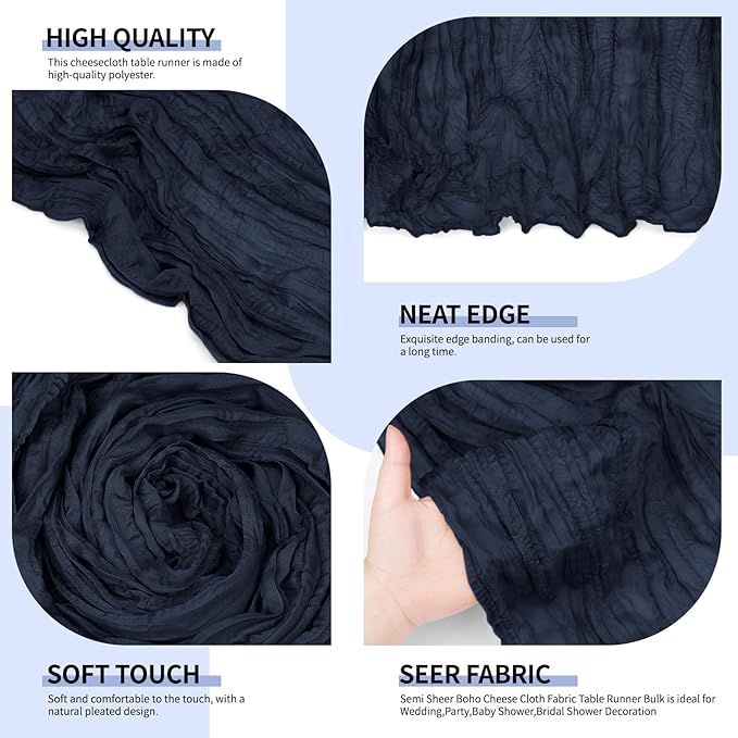 12 Pack Navy Blue Cheesecloth Table Runner 10Ft, Gauze Table Runners 21.5 x 120 inch,Semi Sheer Cheese Cloth Fabric Runner Bulk for Wedding,Party,Baby Shower,Bridal Shower