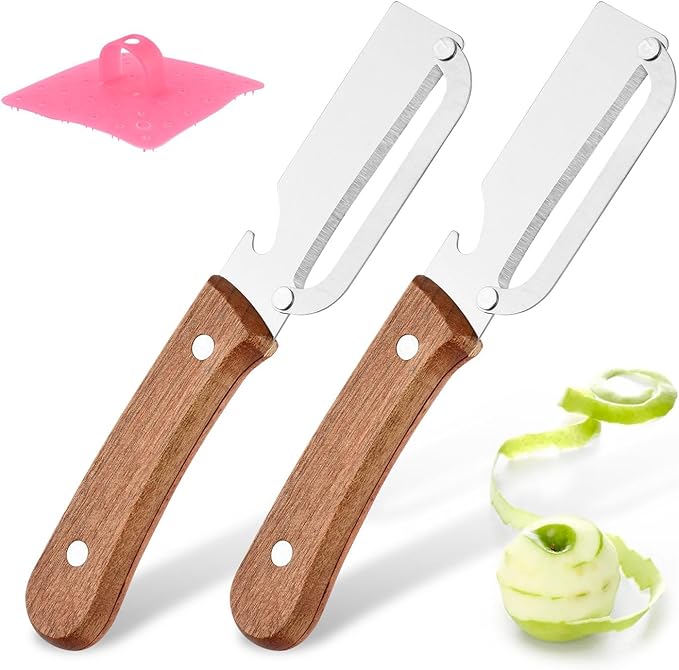 2 Pcs Vegetable Peelers with Bottle Opener,No n-Slip Wooden Handle,Stainless Steel Potato Peeler, for Paring Fruits and Veggies like Potato, Apple, Carrot, Mango, Lemon, and Sugarcane