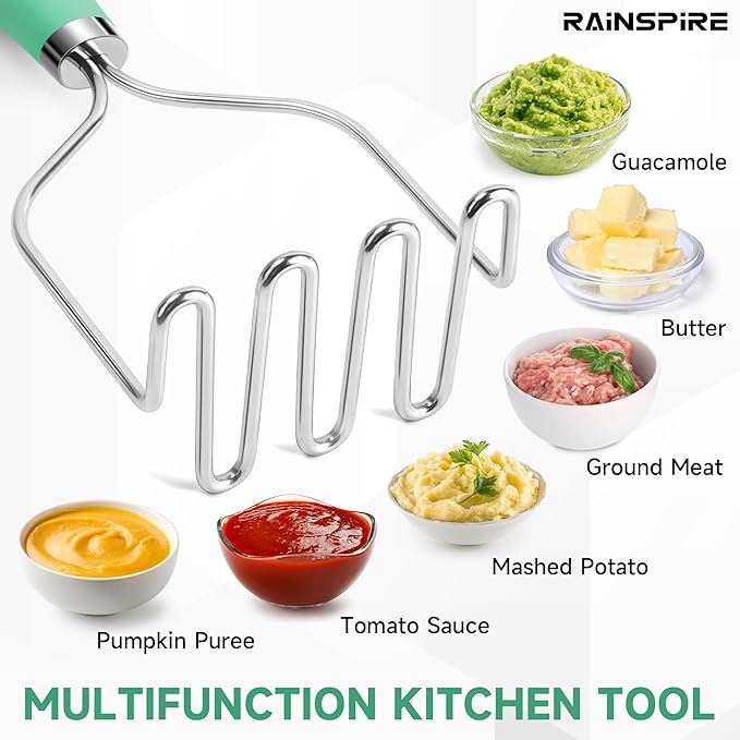 Rainspire Potato Masher Stainless Steel, Mashed Potato Masher Kitchen Tool, Durable Mash Potatoes Masher, Soft Non-slip Handle, Kitchen Utensils, Kitchen Gadgets (Mint Green)