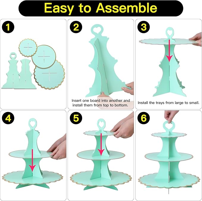 Soleebee 3-Tier Cupcake Stand, Cardboard Cupcake Tower, Cup Cake Stand Tower for Birthday Wedding Party Decoration, Cupcake Tier Stand Desserts Display 2 Set (Green Gold)