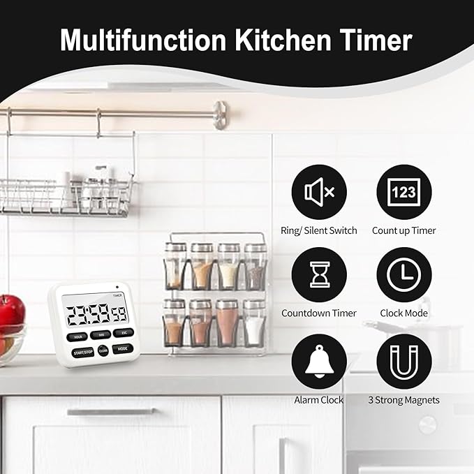 Multifunctional Kitchen Timer with Silent/Alert Mode, 24-Hour Clock, Memory Recall, Fast-Forward, and Magnetic Back for Cooking, Baking, Teaching(White)