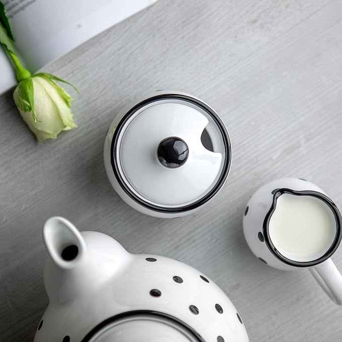 City to Cottage Ceramic Sugar Bowl with Lid, 10oz Sugar Contanier for Coffee Bar, Sugar Dispenser Bowl, Salt - Condiment Pot for Kitchen Counter, Handcrafted White and Black Polka Dot Sugar Jar